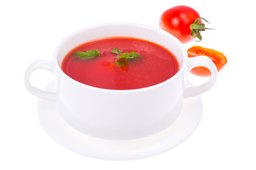 Delicious tomato soup on white background