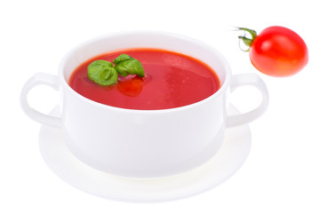 Delicious tomato soup on white background