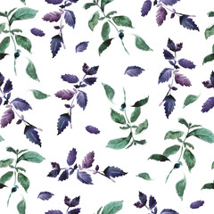 Fototapeta premium Seamless green basil pattern, Watercolor violet basil decor, cooking spices background with natural watercolor illustration, art for craft label design, bright vegetarian banners, menu of restaurants
