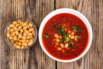 Canned white beans in tomato sauce. Spicy food