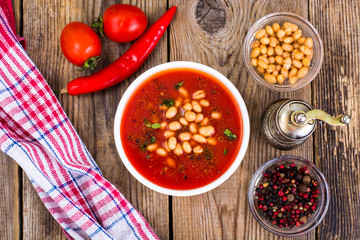 Canned white beans in tomato sauce. Spicy food