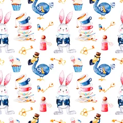 Foto op Aluminium Wonderland seamless texture.Magical pattern with bottle,Dodo bird,golden keys,cute rabbit in blue jacket,cupcake and multicolor cups tea.Perfect for wallpaper,print,packaging,invitations,birthday. © katerinas39