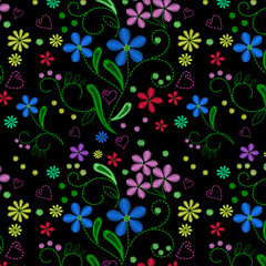 Embroidery seamless pattern. Floral seamless pattern. Flowers embroidery for textiles, dress, blouse, t-shirt print on black background. Fashion decoration sticker. Satin stitch imitation Vector AI10