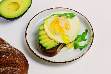 Poached Eggs And Avocado Toast on the white background. Healthy breakfast