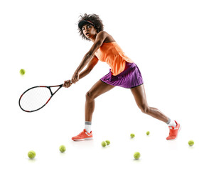 Young tennis girl in silhouette isolated on white background. Strength and motivation