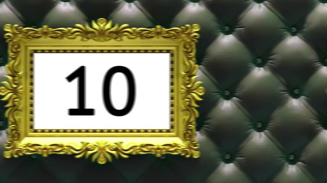 Countdown in gold picture frames on luxury black upholstery background. Mock-up for hit-parade, chart. 3D animation, green screen.
