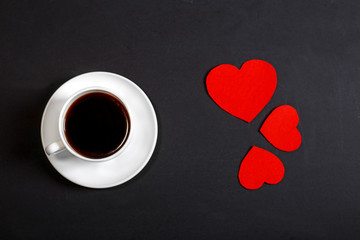 Background with coffee and hearts. Concept of greetings, holiday, love, valentine's day.