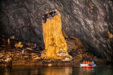 Boats at cave of Puerto Princesa subterranean underground river on Palawan, Philippines