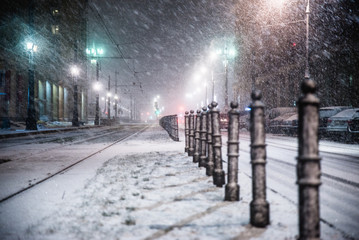 Warsaw, Poland - January 19th 2018: One powerful snow storm one night in Warsaw