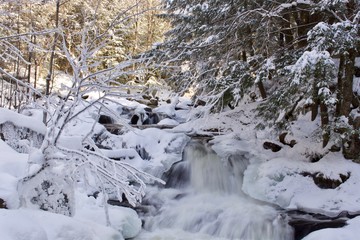 Fototapeta na wymiar Beautiful winter waterfall in the white snowy forest 