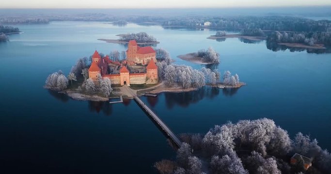 Trakai castle at winter, aerial view above the castle