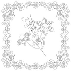 Monochrome doodle hand drawn flowers in frame. Anti stress stock vector illustration