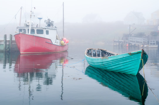 Fishing Boats in Harbor on Foggy Morning