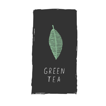Green tea illustration. Leaf on black background