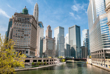 View of Chicago skyscrapers with Mather Tower and London Guarantee Building from Chicago River,...