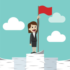 Businesswoman standing on a huge tower stack of papers and handing red flag. Job is finished successfull