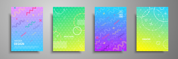 Obraz premium Colorful placard templates set with abstract shapes, 80s memphis geometric style flat and line design elements. Applicable for brochures, flyers, banners, covers, notebooks, book, magazine