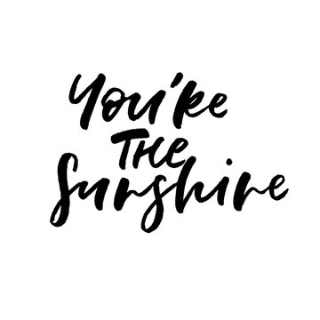 You're the Sunshine. Valentine's Day calligraphy phrases. Hand drawn romantic postcard. Modern romantic lettering. Isolated on white background.