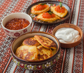 Red caviar and thick potato pancakes at Shrovetide (mass produced products)