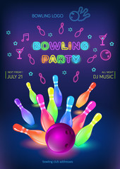 Bowling party template. A6 format size. Vector clip art illustration.