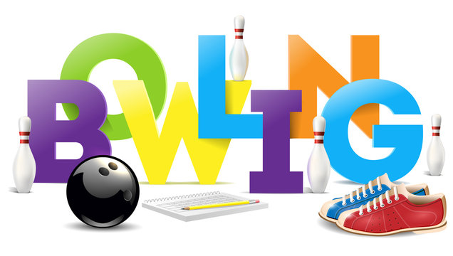 Bowling objects. Bowling word Vector clip art illustration.