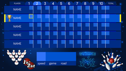 Bowling score sheet template. Tv size banner. Vector clip art illustration.