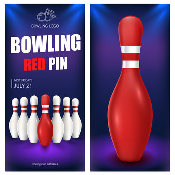 Bowling Red Pin Flyer Template. Vector Clip Art Illustration.