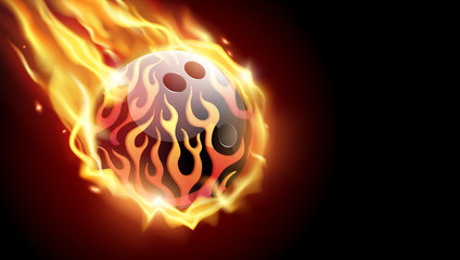 Flaming bowling ball on black background.Tv size banner. Vector clip art illustration.