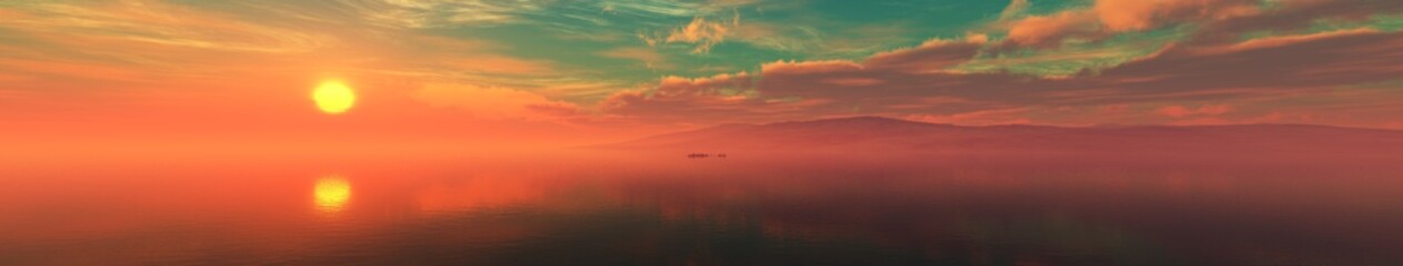 Panorama of the sea landscape at sunset, sunrise in the ocean over the island
