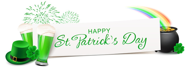 Happy St Patricks Day - Banner with Leprechaun Hat, Shamrock, Fireworks and a pot of gold under the Rainbow