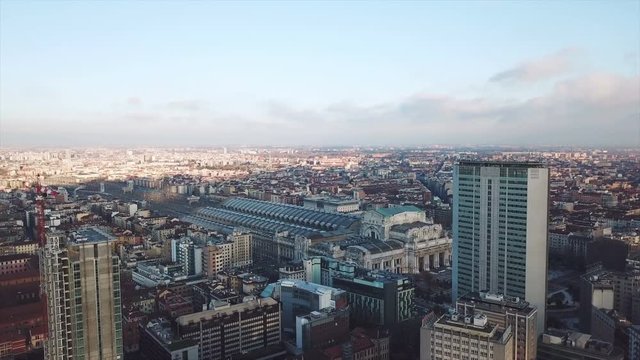 Milan (Italy) aerial view, flying near Central Station with drone
