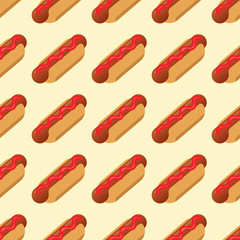 Seamless hot dog background. Fast food vector seamless pattern with buns and sausages
