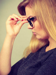 Closeup of woman thinking face expression