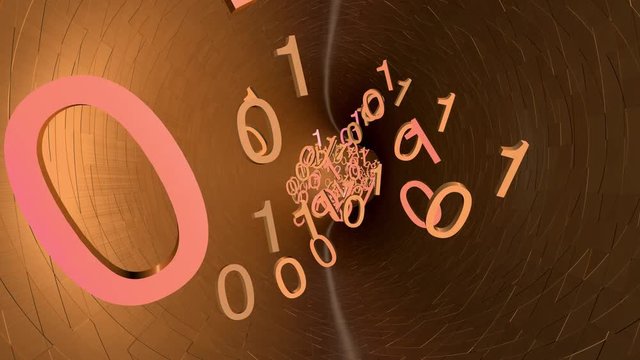 3D rendered animation of bits and bytes flowing through a data cable or tunnel.
