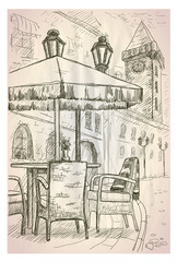Street cafe in old town graphic sketch illustration
