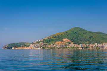 Fototapeta premium Mountain above Budva city seen from Adriatic Sea in Montenegro