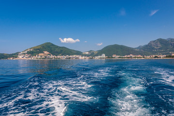 Distance view of Budva city seen from Adriatic Sea in Montenegro