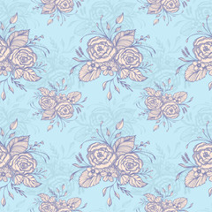 Seamless pattern with flowers bouquet   in pink on blue in retro style for decoupage or for wallpaper or textile or  for decoration package of cosmetic perfume shampoo soap