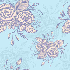 Seamless pattern with flowers bouquet   in pink on blue in retro style for decoupage or for wallpaper or textile or  for decoration package of cosmetic perfume shampoo soap