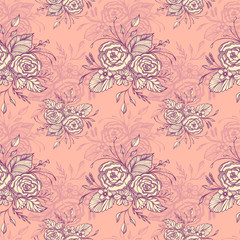 Fototapeta premium Seamless pattern with flowers bouquet in pink in retro style for decoupage or for wallpaper or textile or for decoration package of cosmetic perfume shampoo soap
