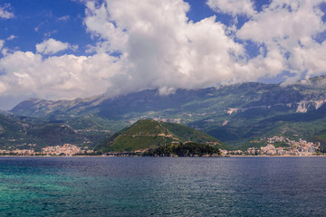 View from sea on Budva and Becici towns on so called Budva Riviera in Montenegro