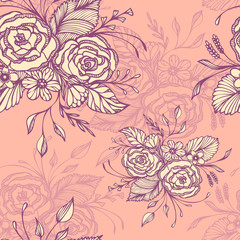 Seamless pattern with flowers bouquet   in pink in retro style for decoupage or for wallpaper or textile or  for decoration package of cosmetic perfume shampoo soap