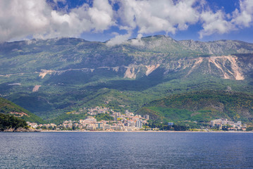 View from sea on Becici town on so called Budva Riviera in Montenegro