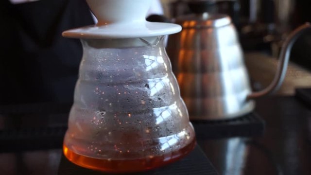 Close up of V60 coffee maker dripping
