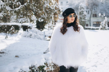 Fototapeta na wymiar A beautiful, stylish, fashionable woman in a fur coat, hat and glasses, posing on the street in snowy weather.