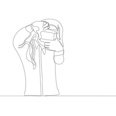 continuous line drawing of woman making photos by hand