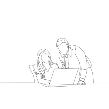 recommend clip art: continuous line drawing of business meeting. man and woman with a laptop