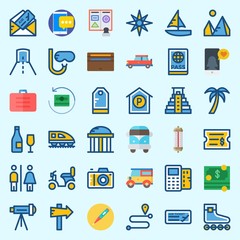 Icons about Travel with wallet, telescope, passport, suitcase, thermometer and roller skate