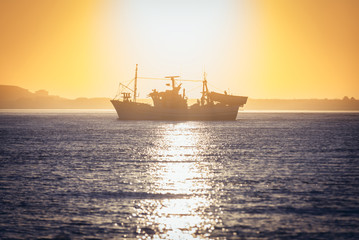 Naklejka premium Fishing cutter against sunset sky on Douro River in Porto, Portugal
