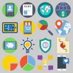 Icon set about Marketing with keywords shield, smartphone, idea, location, newspaper and worldwide